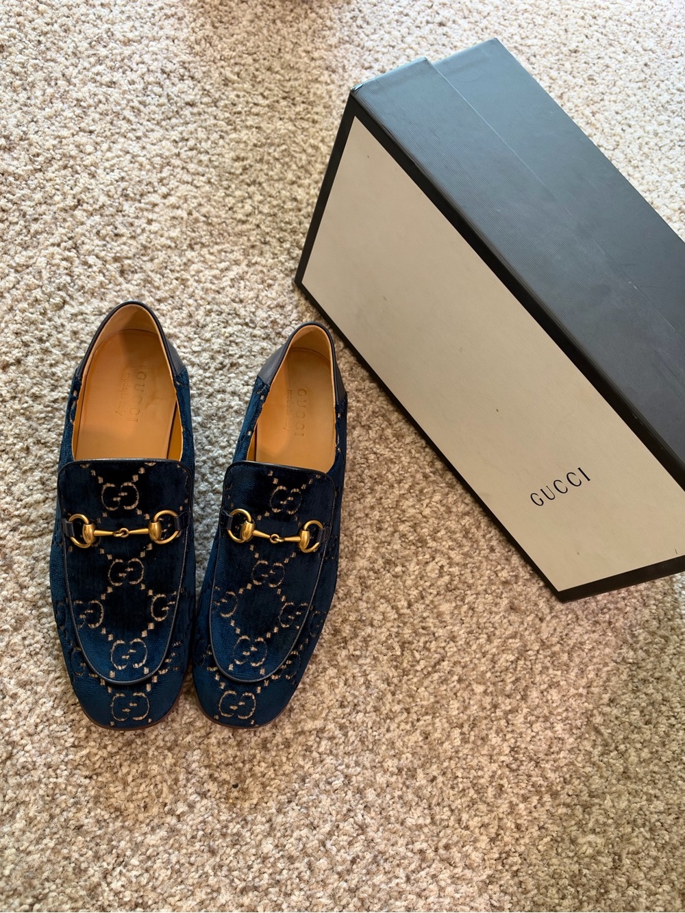 Gucci Men's Navy Velvet Horsebit Loafers Sz 9